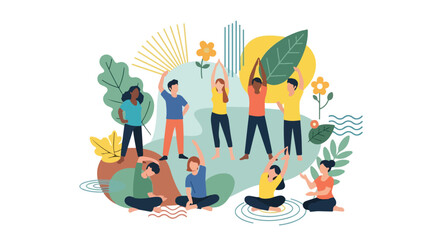 Fototapeta premium A group of diverse people practicing various yoga poses and stretching exercises outdoors, surrounded by vibrant abstract nature elements.