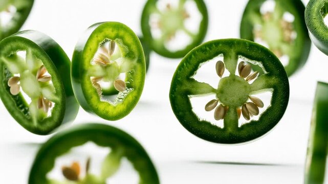 Fresh green jalapeno pepper slices floating and rotating in midair vibrant spicy vegetable
