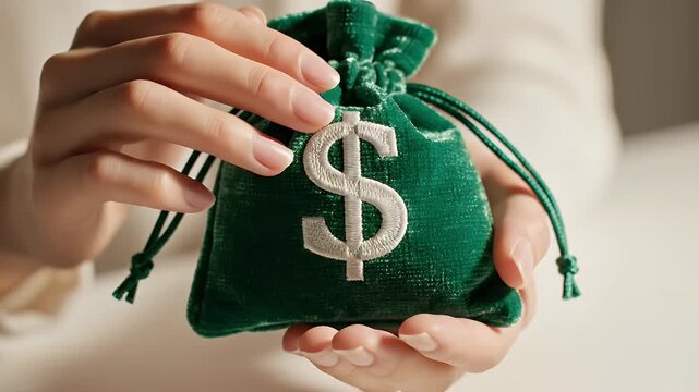 Close-Up of Hands Holding a Green Velvet Money Bag with Dollar Sign Symbol