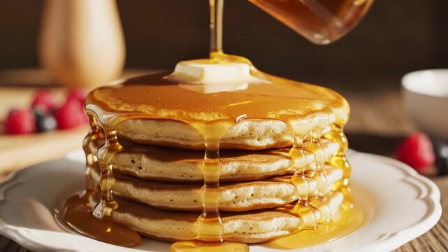 Close-up of thick golden syrup pouring from a glass jug onto a tall stack of fluffy buttermilk pancakes with melting butter on a white plate in warm natural morning light.