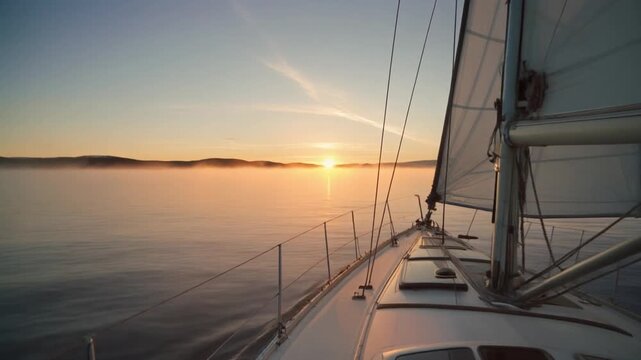 Sailboat arctic sunset cruising through calm misty northern waters