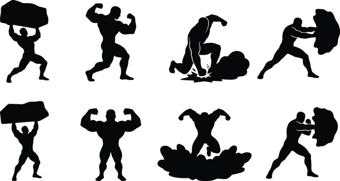 Silhouette collection of muscular male figures performing heroic feats like lifting rocks flexing and powerful ground impacts