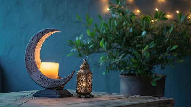 Cozy crescent moon lamp and rustic lantern on wooden table under string lights