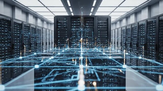 Modern server room in a large data center with glowing blue network lines connecting racks, representing advanced computing infrastructure.