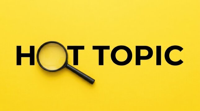 Black magnifying glass placed over the letter o in hot topic text on yellow background