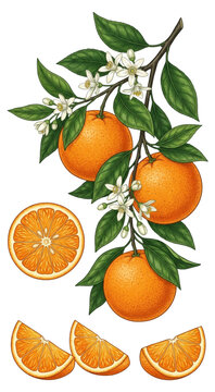 Vintage Botanical Sketch of Blooming Oranges and Slices on White Background
