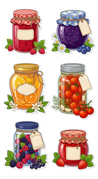 Homemade Jams and Pickles Vector Sticker Collection