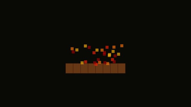 Pixel fire animation with rising embers and glowing sparks on wooden log 4k background, retro