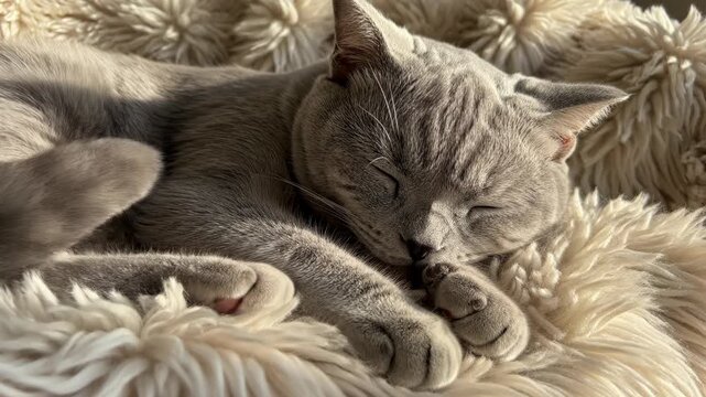 Detailed close-up of a gray British Shorthair cat sleeping on a soft white fluffy blanket in warm natural sunlight, highlighting fur texture and tucked paws.