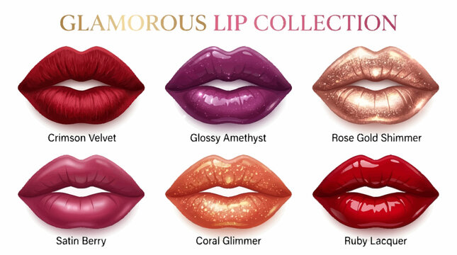 Vibrant red lips showcased in a 3D vector glamorous lip collection impress makeup enthusiasts.