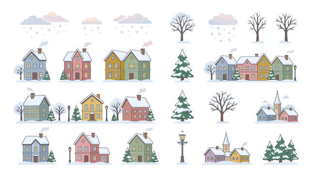 Cozy Winter Village Houses and Snowfall - Cute Cartoon Elements