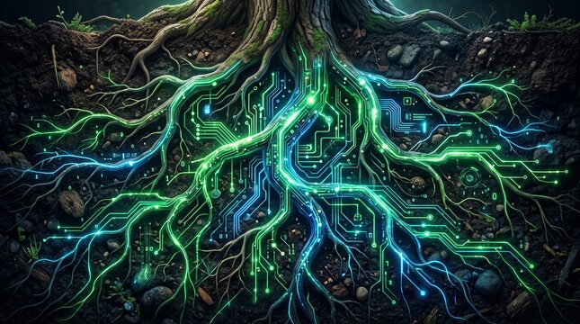 Tree roots integrated with glowing neon circuit board patterns