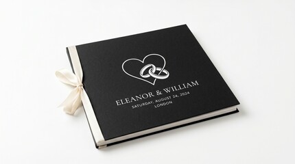 Obraz premium Elegant wedding album, black hardcover photo book with white ribbon, personalized keepsake for married couples, romantic anniversary gift idea, engagement celebration memory book.