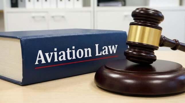 Polished wooden judge gavel resting beside a thick blue book titled aviation law for legal proceedings