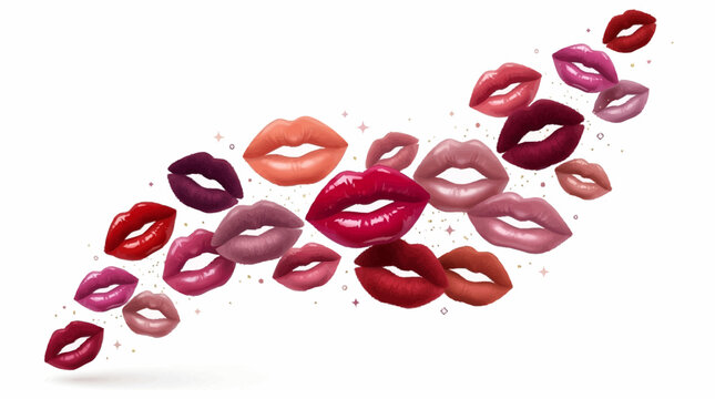 Vibrant 3D vector illustration of red lips marks in various colors floating.
