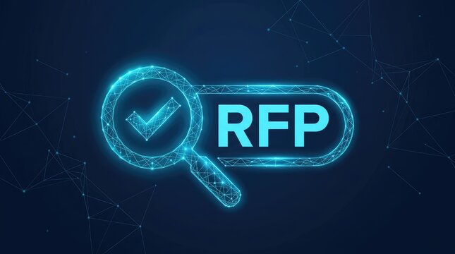 Glowing digital rfp text featuring a neon magnifying glass icon with a luminous check mark