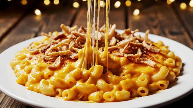 Close-up of creamy macaroni and cheese topped with crunchy fried onions served on a white plate, person using a fork to eat, rustic wooden table and warm background lighting.