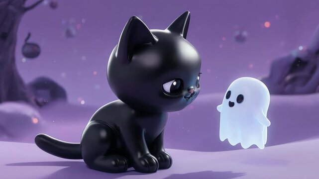 Cute 3D black cat sitting on a small wooden platform with tiny pumpkins and warm fairy lights. Halloween theme with ghost