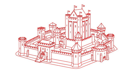 Medieval Castle Fortress Outline Drawing, Red Line Art Illustration © Jepe