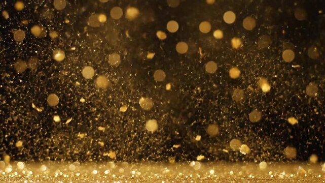 Shimmering gold particles on a dark luxury background suitable for festive designs, abstract concepts, and elegant decorations. Rich texture with radiant bokeh.