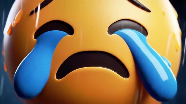 Sad yellow emoji face with blue tear drops under heavy rain on a dark, gloomy background. Suitable for moodrelated designs.