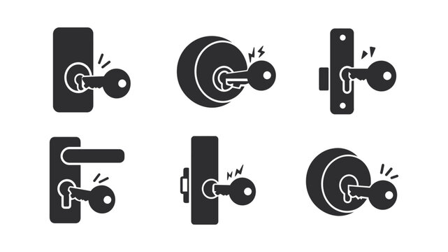 Black vector icons of broken house keys inserted into different door lock cylinders and handles