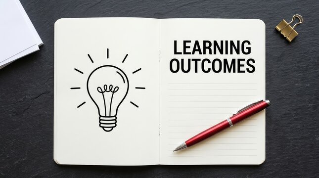 Open notebook with learning outcomes text and a lightbulb icon placed on dark textured background