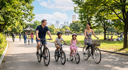 Fototapeta premium Diverse Family Cycling Together in Sunny Park