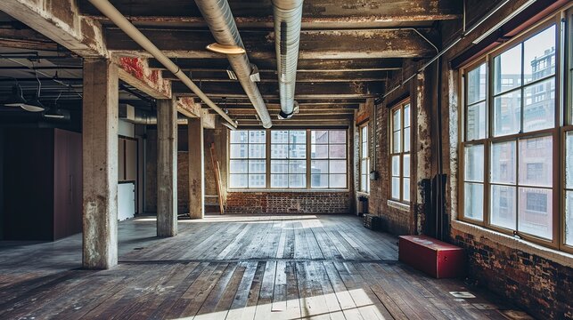 A Sunlit, Abandoned Industrial Warehouse Interior with Exposed Brick and Wooden Floors