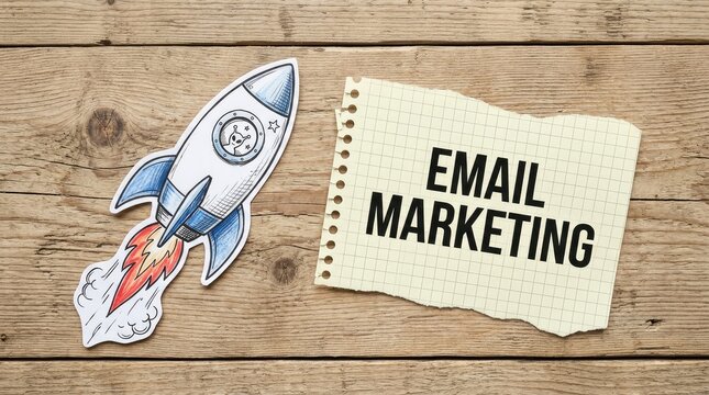 Hand drawn paper rocket ship flying beside a note pad displaying the words email marketing