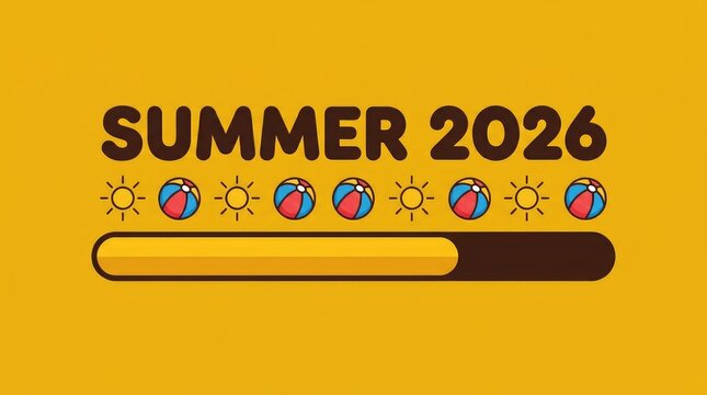 Vibrant summer 2026 loading bar design featuring playful beach balls and sun icons on yellow background