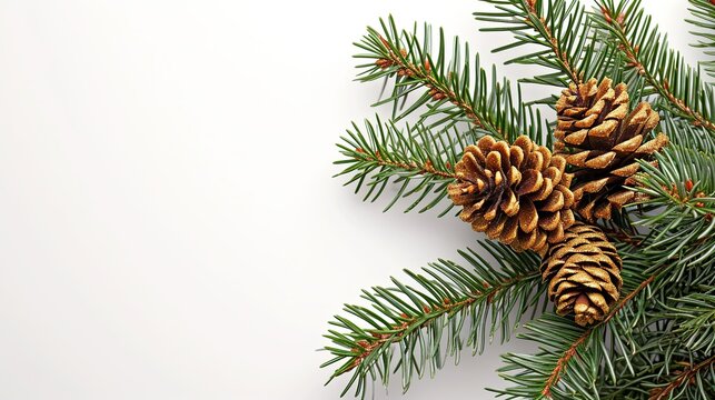 Fresh evergreen pine branches with pinecones arranged on a clean white background