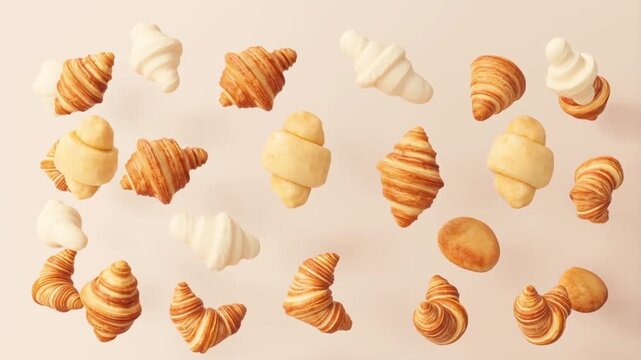 Assortment of Croissants and Pastries Floating in Mid-Air.