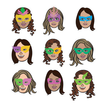 Faces of young women wearing carnival masks. Transparent background.