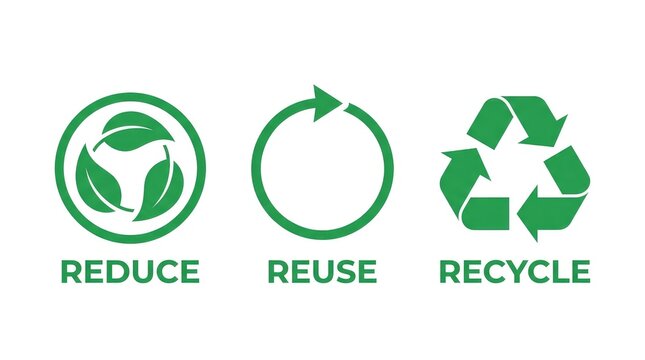 Three bright green circular icons representing the essential environmental concepts of reduce reuse and recycle sustainability