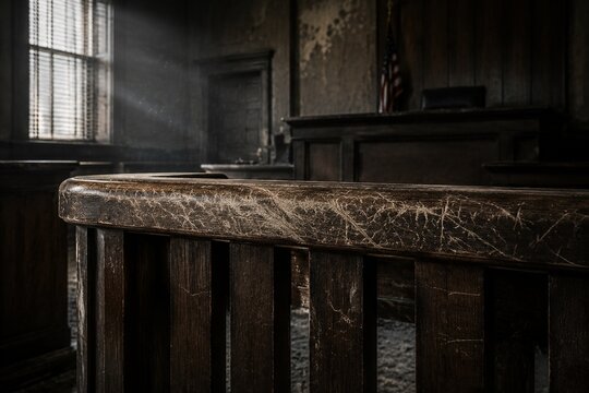Abandoned courtroom defendant rail with scratch marks, dust motes in light.