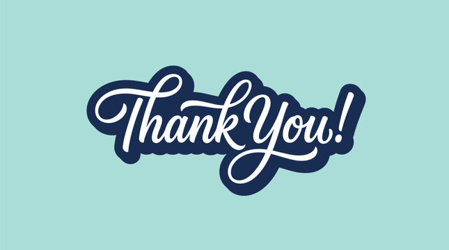Elegant thank you text with white cursive lettering and bold navy blue shadow on cyan