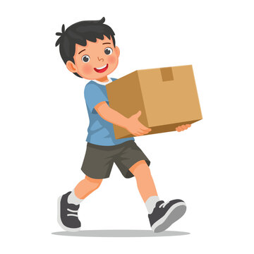 Little boy carrying a cardboard box