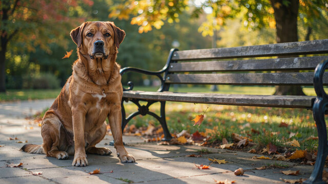 Brown boxador dog sitting beside a park bench among colorful autumn leaves