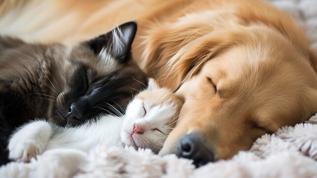 Golden Retriever and Black-and-White Cat Sleeping Snugly Together on a Plush Blanket