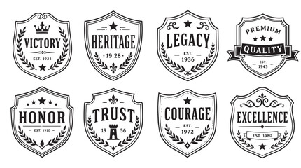Obraz premium Vintage heraldic shield emblems set with typography and icons