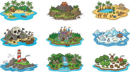 Cartoon fantasy islands vector illustration set featuring pirate skull volcano desert oasis castle lighthouse and arctic iceberg lands isolated on white. © MdArif
