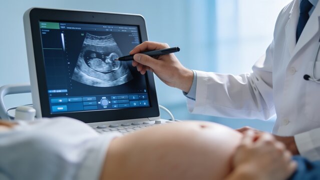Doctor Examining Fetal Ultrasound Scan During Prenatal Check-Up