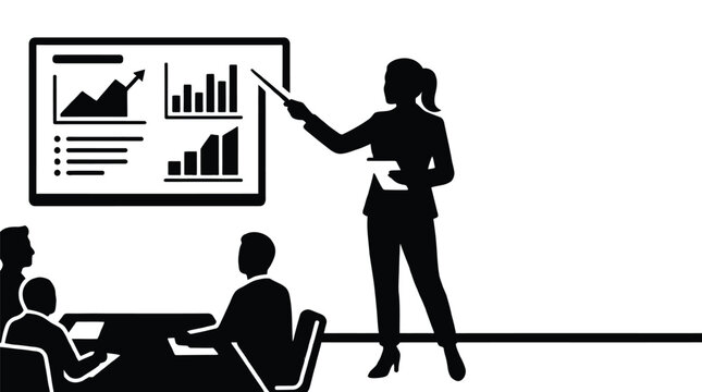 Professional businesswoman in a formal suit stands and points to a digital screen showing various financial data charts during an important corporate office team meeting