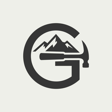Black mountain logo with pickaxe.