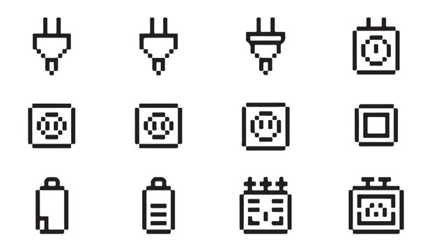Pixel art collection of electrical power plugs and connection socket outlets for devices.