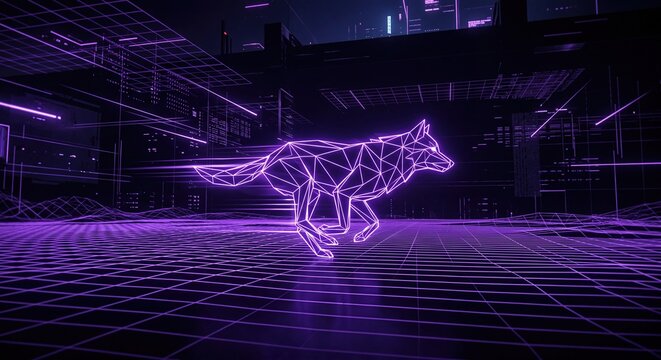 Glowing purple wolf made of polygons running through a digital cyber space. Futuristic wireframe animal in virtual reality world. High-tech 3D model of a running predator in metaverse.