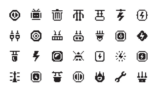 Pixel art electrical and industrial icons set featuring power supply and construction tools.