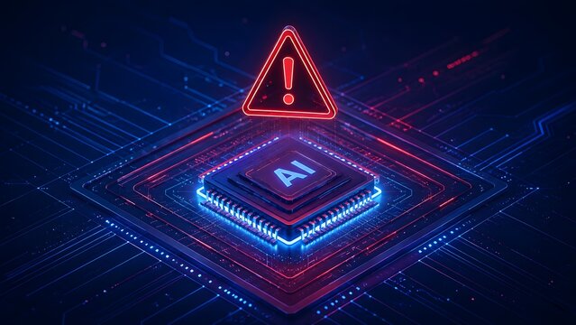 Artificial intelligence threat and danger concept featuring glowing blue AI microchip with red warning triangle alert symbol on dark technological surface for cybersecurity risks