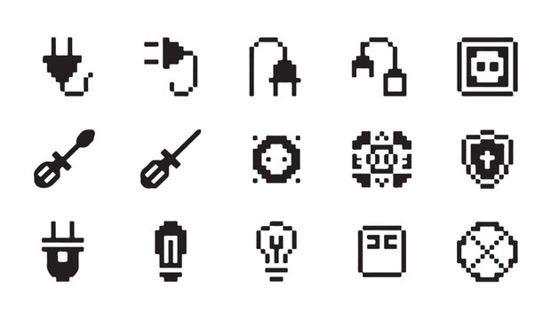 Pixel art electrical icons set featuring power plugs tools and various engineering elements.